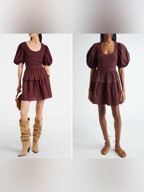 ULLA JOHNSON Tilda Bordeaux Mixed Media Mini Dress Burgundy Puff Sleeve Dress M